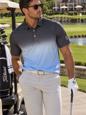 PGA Tour Charcoal to Sky Blue Ombre Golf Polo